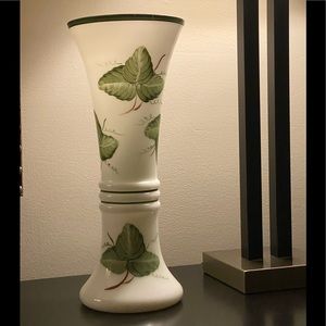 tall milk glass vase w pretty painted ivy